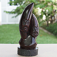 Wood sculpture, 'Ancient Lovers' - Handcrafted Traditional Sese Wood and Ceramic Sculpture