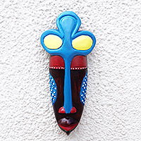 African wood mask, 'Chief Linguist' - Hand-Painted African Wood Mask in Brown Blue Yellow & Red
