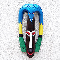 African wood mask, 'Bird Essence' - Hand-Painted African Wood Mask with Bird Accent on Top