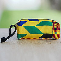 Cotton cosmetic bag, 'Stylish Geometry' - Cotton Kente-Inspired Cosmetic Bag with Strap in Yellow