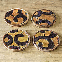 Wood coasters, 'African Abundance' (set of 4) - Yellow and Black Neem Wood and Cotton Coasters (Set of 4)
