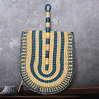 Raffia fan, 'Elegant Comfort' - Handwoven Striped Blue Raffia Fan with Recycled Beads