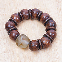 Wood and recycled glass beaded stretch bracelet, 'Ghana's Smile' - Sese Wood and Clear Recycled Glass Beaded Stretch Bracelet