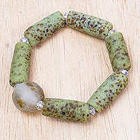 Recycled glass and agate beaded stretch bracelet, 'Green Pride' - Eco-Friendly Green Recycled Glass and Agate Beaded Bracelet