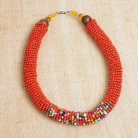 Recycled glass and wood beaded necklace, 'Divine Boldness' - Red Recycled Glass and Sese Wood Beaded Necklace