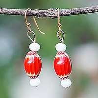 Recycled glass beaded dangle earrings, 'Delightful Red' - Handmade Red and White Recycled Glass Beaded Dangle Earrings