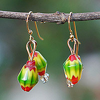 Recycled glass beaded dangle earrings, 'Tropical & Sweet' - Red and Green Recycled Glass Beaded Dangle Earrings