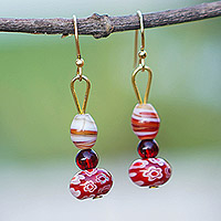 Recycled glass beaded dangle earrings, 'Luxury Red' - Red and White Recycled Glass Beaded Dangle Earrings