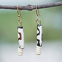 Beaded dangle earrings, 'Yijiemor' - Handcrafted Brown and Ivory Beaded Dangle Earrings