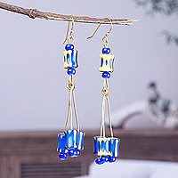 Recycled glass beaded dangle earrings, 'Blue Countess' - Eco-Friendly Blue and Yellow Recycled Glass Dangle Earrings