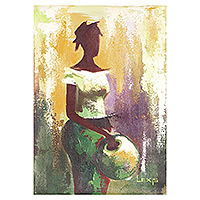 'Morning Chore' - Pintura de retrato acrílico expresionista firmada de mujer