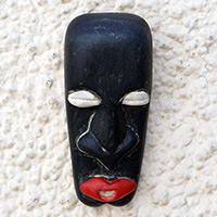African wood mask, 'Nzinga Mbande' - Handmade Black and Red African Mask of Queen Nzinga Mbande