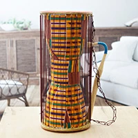 Leather and wood dondo drum, 'Kente Festival' - Ghanaian-Made Kente-Patterned Leather and Wood Dondo Drum