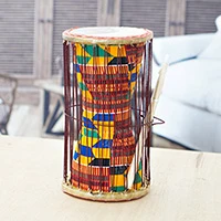 Leather and wood dondo drum, 'Kente Festival' (mini) - Kente-Themed Mini Leather and Wood Dondo Drum from Ghana