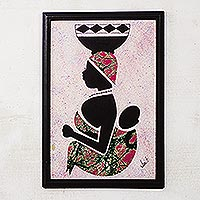 Cotton batik wall art, 'Milk Seller from the North I' - Framed African Batik Collage