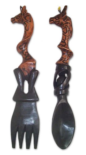 Unique Carved Brown Giraffe Sese Wood Wall Sculpture Pair