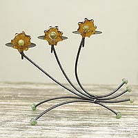 Iron and recycled glass candleholder Amber Flowers Ghana
