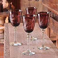 Etched wine glasses Grape Blossoms set of 4 Mexico