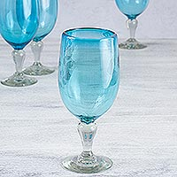 Blown glass goblets Aquamarine set of 6 Mexico
