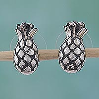 Sterling silver button earrings Tropical Pineapples Mexico