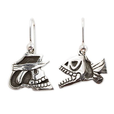 Sterling silver dangle earrings, 'Skull and Fish' - Unique Women's Sterling Silver Dangle Sea Life Earrings