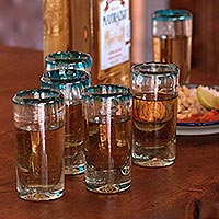 Blown glass shot glasses, 'Aquamarine' (set of 6) - Hand Blown Mexican Tequila Shot Glasses Clear Set of 6