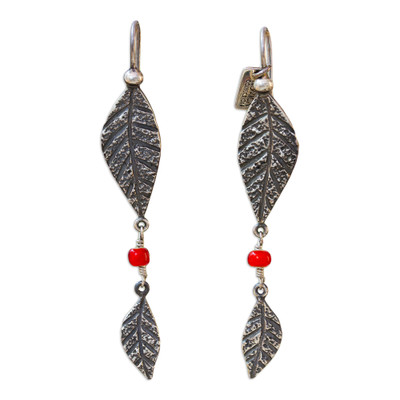 Sterling silver dangle earrings, 'Leaves and Berries' - Handmade Sterling Silver Glass Bead Earrings