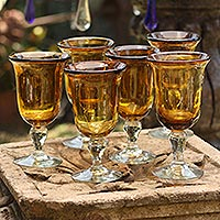 Blown glass goblets Golden Amber set of 6 large Mexico