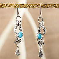 Turquoise dangle earrings, 'Daydream' - Fair Trade Floral Earrings of Silver with Natural Turquoise