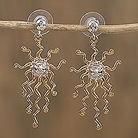 Gold accented sterling silver dangle earrings Mexican Sun Mexico