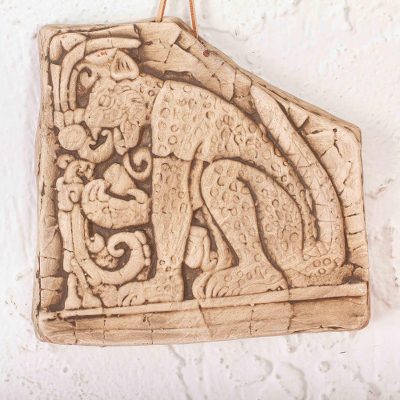 Ceramic wall plaque, 'Mighty Maya Jaguar in Beige' - Mexico Archaeology Handcrafted Ceramic Wild Cat Plaque