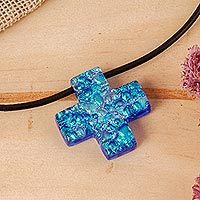 Dichroic art glass cross necklace,