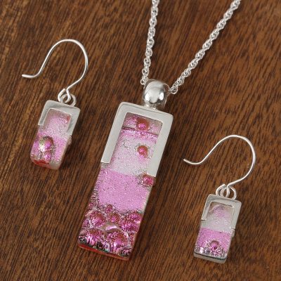 Dichroic art glass jewelry set, 'Cherry Crush' - Dichroic art glass jewelry set