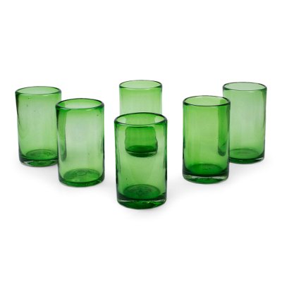 Highball glasses, 'Emerald Green' (set of 6) - Artisan Crafted Handblown Glass Recycled Cocktail Drinkware