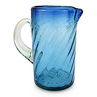 Blown glass pitcher Ice Blue Mexico