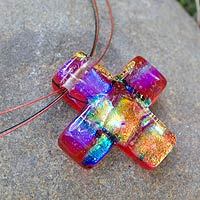 Dichroic art glass cross necklace,