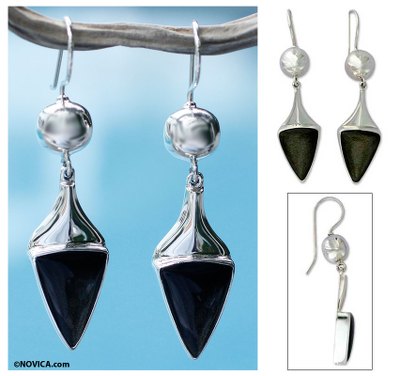 Obsidian dangle earrings, Aztec Arrows