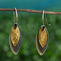 Sterling silver dangle earrings, 'Turning Leaves' - Modern Silver Earrings with 22k Gold from Mexico