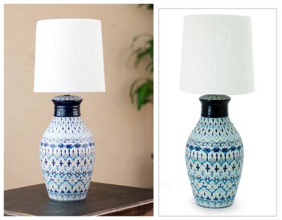 Ceramic table lamp, 'Festive Blues' - Hand Painted Ceramic Table Lamp