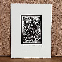 'The Cactus, Tequila Lotto' - Mexico Folk Art Theme Signed Black and White Etching