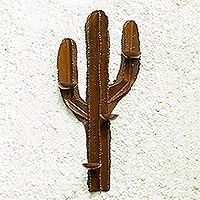 Iron candleholder, 'Desert Cactus' - Rustic Mexican Handcrafted Steel Wall Sculpture Candleholder