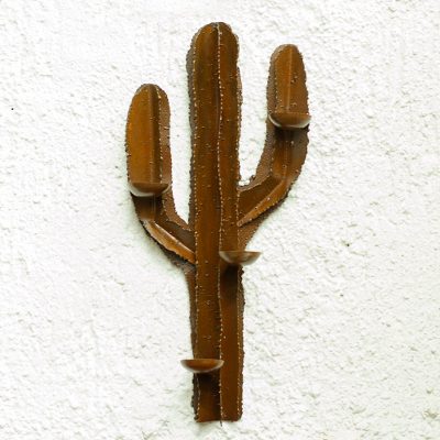 Iron candleholder, 'Desert Cactus' - Rustic Mexican Handcrafted Steel Wall Sculpture Candleholder