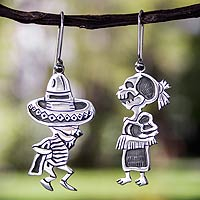 Sterling silver dangle earrings, 'Skeletal Hat Dance' - Fair Trade Taxco Silver Day of the Dead Earrings