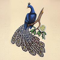 Steel wall art, 'Sapphire Peacock' - Unique Bird Wall Sculpture