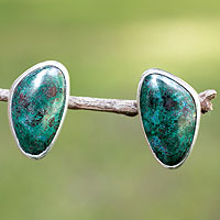 Chrysocolla button earrings, 'Allure' - Taxco Fine Silver and Chrysocolla Earrings