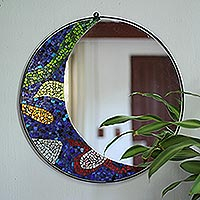 Glass mosaic wall mirror, 'Fiesta Moon' - Glass Mosaic Crescent Moon Wall Mirror from Mexico