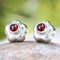 Garnet flower earrings, 'Aztec Daisy' - Artisan Crafted Floral Fine Silver and Garnet Earrings
