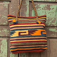 Wool tote bag, 'Zapotec Twilight' - Geometric Wool Shoulder Bag Hand Woven in Mexico