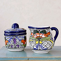 Ceramic sugar bowl and creamer set Guanajuato Flora Mexico