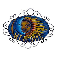 Wrought iron welcome sign, 'Cheerful Eclipse' - Artisan Crafted Sun and Moon Wrought Iron Welcome Sign